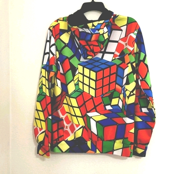 RUBIK'S CUBE long sleeve hoodie front pocket Large gamer 80s fidget toy - Picture 3 of 10